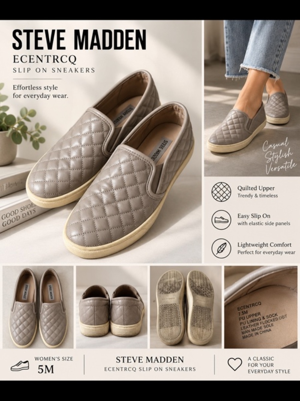 Steve Madden Ecentrcq Quilted Slip On Sneakers Taupe Size 7.5